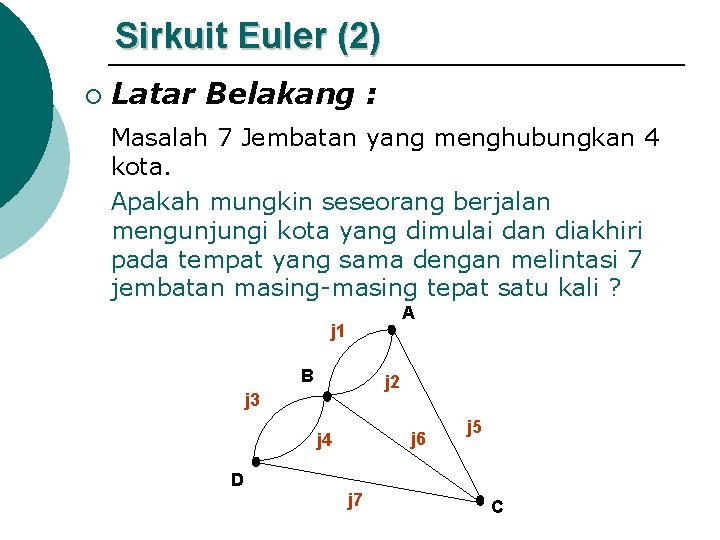 Sirkuit Euler (2) ¡ Latar Belakang : Masalah 7 Jembatan yang menghubungkan 4 kota.