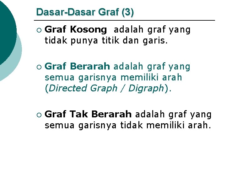 Dasar-Dasar Graf (3) ¡ ¡ ¡ Graf Kosong adalah graf yang tidak punya titik