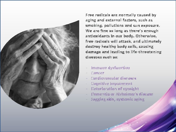 Free radicals are normally caused by aging and external factors, such as smoking, pollutions