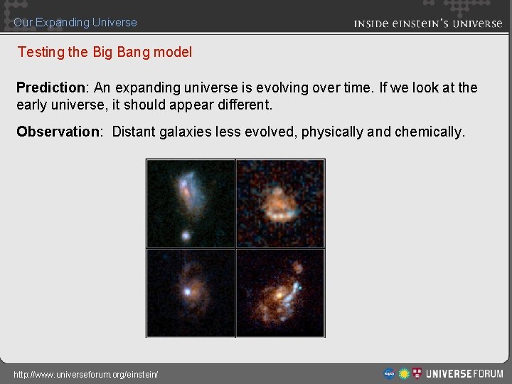Our Expanding Universe Testing the Big Bang model Prediction: An expanding universe is evolving