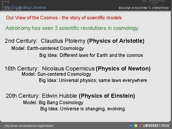 Our Expanding Universe Our View of the Cosmos - the story of scientific models