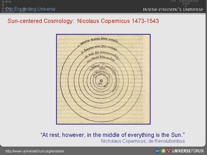 Our Expanding Universe Sun-centered Cosmology: Nicolaus Copernicus 1473 -1543 “At rest, however, in the