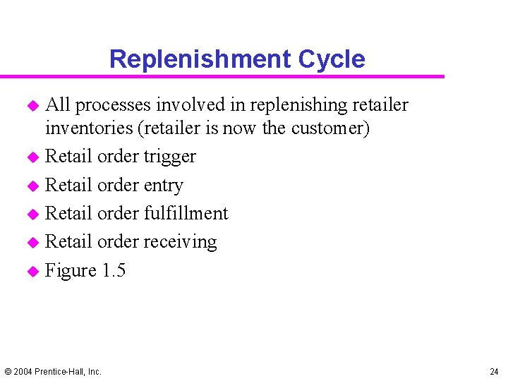 Replenishment Cycle u u u All processes involved in replenishing retailer inventories (retailer is