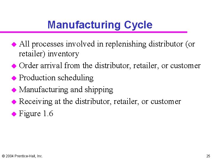 Manufacturing Cycle u u u All processes involved in replenishing distributor (or retailer) inventory