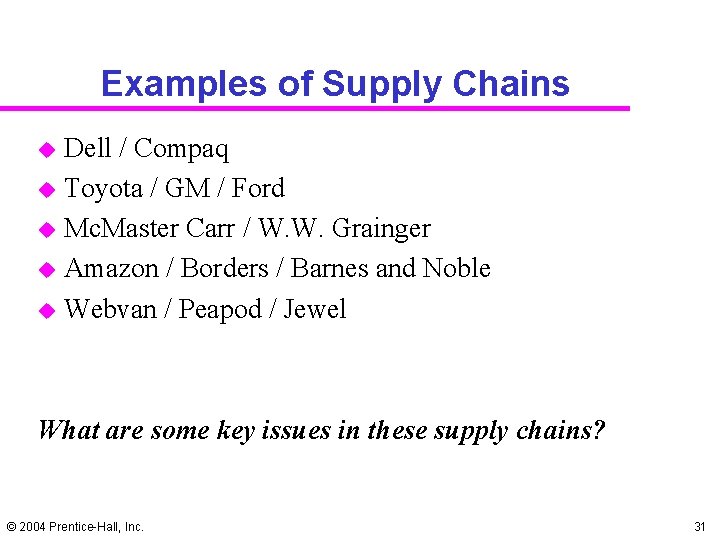 Examples of Supply Chains u u u Dell / Compaq Toyota / GM /