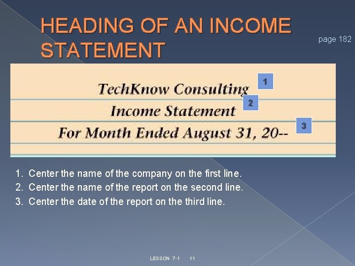 HEADING OF AN INCOME STATEMENT page 182 1 2 3 1. Center the name HEADING OF AN INCOME STATEMENT page 182 1 2 3 1. Center the name
