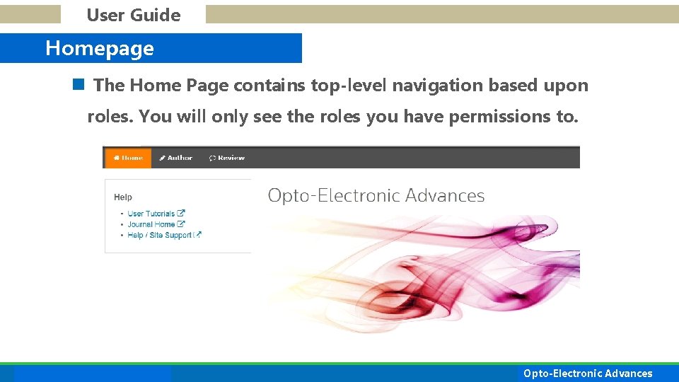 User Guide Homepage n The Home Page contains top-level navigation based upon roles. You