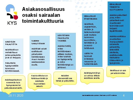 Asiakasosallisuus osaksi sairaalan toimintakulttuuria KERÄTÄÄN PALAUTETTA VUOROVAIKUTETAAN Asiakkaalla on mahdollisuus antaa palautetta ja se