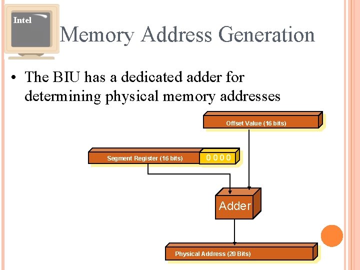Intel Memory Address Generation • The BIU has a dedicated adder for determining physical