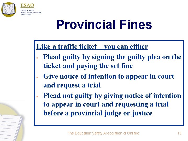 Provincial Fines Like a traffic ticket – you can either § Plead guilty by