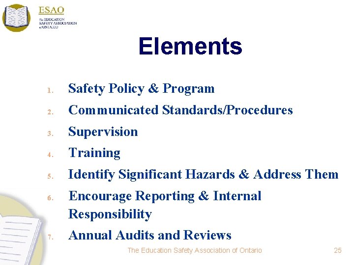 Elements 1. Safety Policy & Program 2. Communicated Standards/Procedures 3. Supervision 4. Training 5.