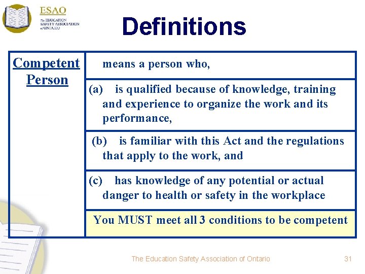 Definitions Competent Person means a person who, (a) is qualified because of knowledge, training