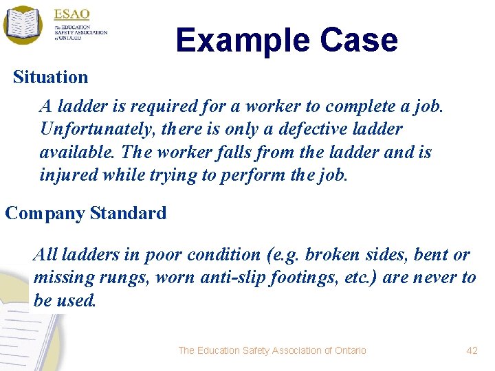 Example Case Situation A ladder is required for a worker to complete a job.