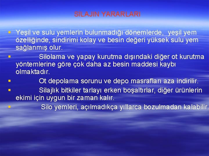 SİLAJIN YARARLARI Yeşil ve sulu yemlerin bulunmadığı dönemlerde, yeşil yem özelliğinde, sindirimi kolay ve