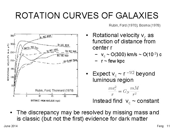 ROTATION CURVES OF GALAXIES Rubin, Ford (1970); Bosma (1978) • Rotational velocity vc as ROTATION CURVES OF GALAXIES Rubin, Ford (1970); Bosma (1978) • Rotational velocity vc as