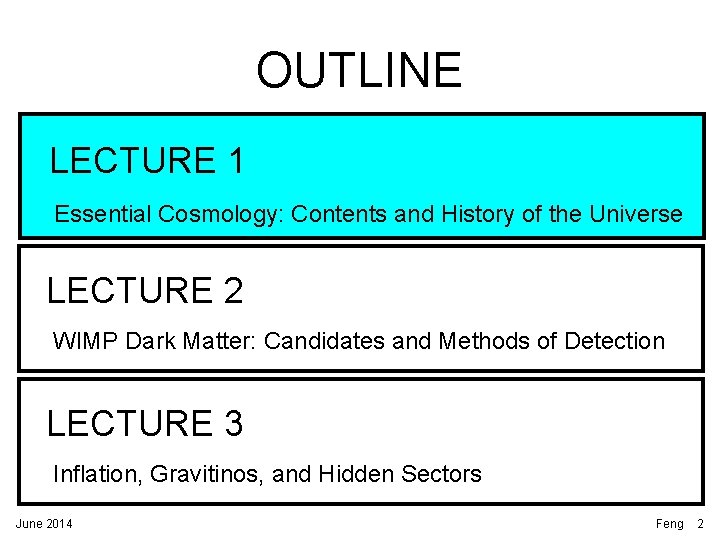 OUTLINE LECTURE 1 Essential Cosmology: Contents and History of the Universe LECTURE 2 WIMP OUTLINE LECTURE 1 Essential Cosmology: Contents and History of the Universe LECTURE 2 WIMP