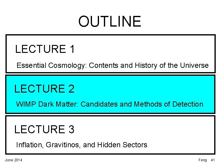 OUTLINE LECTURE 1 Essential Cosmology: Contents and History of the Universe LECTURE 2 WIMP OUTLINE LECTURE 1 Essential Cosmology: Contents and History of the Universe LECTURE 2 WIMP