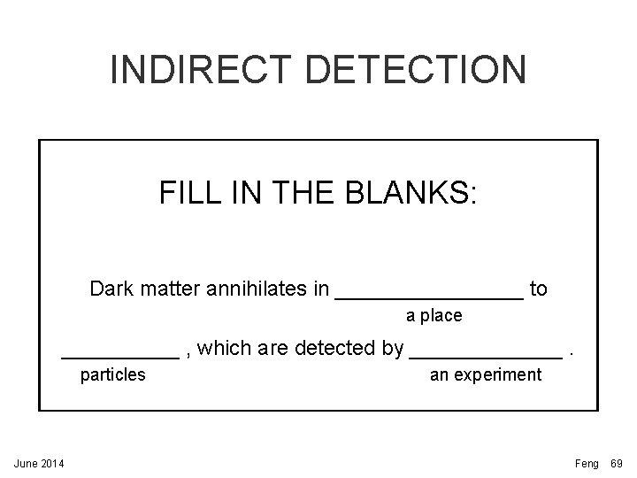 INDIRECT DETECTION FILL IN THE BLANKS: Dark matter annihilates in ________ to a place INDIRECT DETECTION FILL IN THE BLANKS: Dark matter annihilates in ________ to a place
