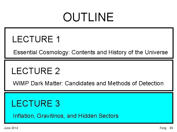 OUTLINE LECTURE 1 Essential Cosmology: Contents and History of the Universe LECTURE 2 WIMP OUTLINE LECTURE 1 Essential Cosmology: Contents and History of the Universe LECTURE 2 WIMP