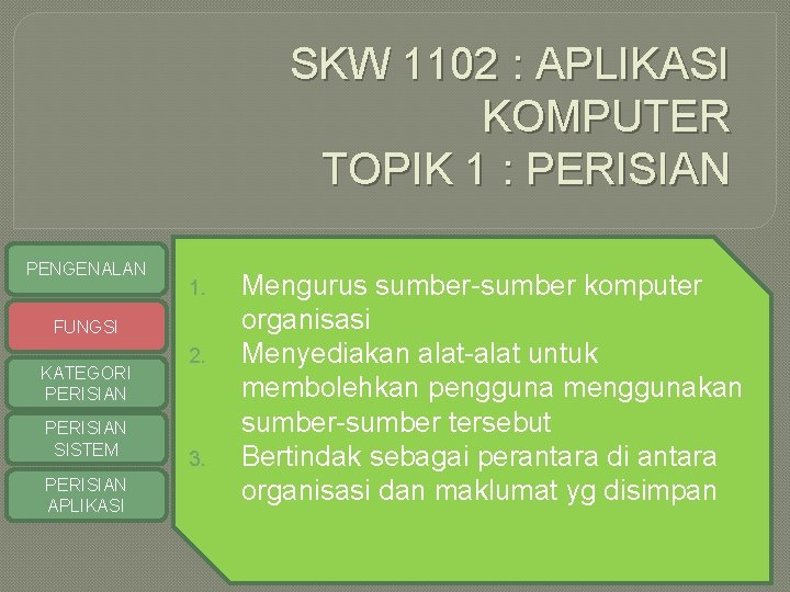 SKW 1102 : APLIKASI KOMPUTER TOPIK 1 : PERISIAN PENGENALAN 1. FUNGSI KATEGORI PERISIAN