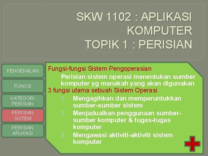 SKW 1102 : APLIKASI KOMPUTER TOPIK 1 : PERISIAN PENGENALAN FUNGSI KATEGORI PERISIAN SISTEM