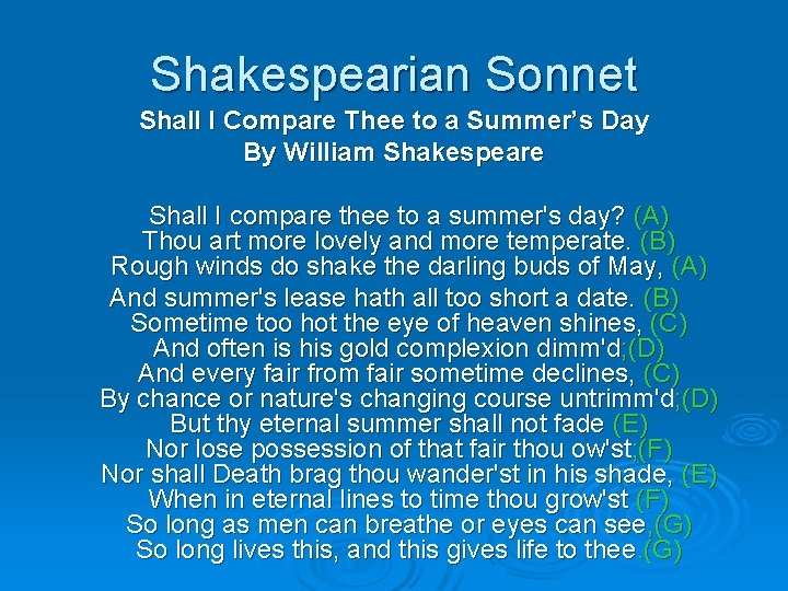 Shakespearian Sonnet Shall I Compare Thee to a Summer’s Day By William Shakespeare Shall