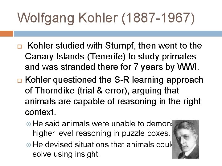 Wolfgang Kohler (1887 -1967) Kohler studied with Stumpf, then went to the Canary Islands