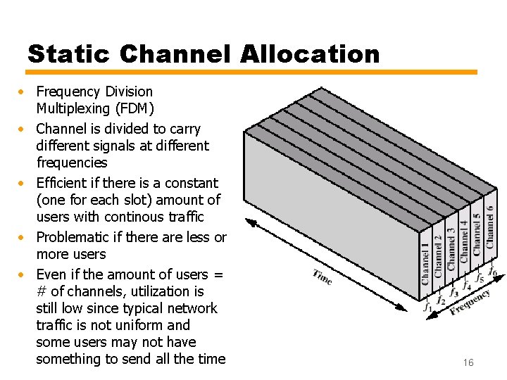 Static Channel Allocation • Frequency Division Multiplexing (FDM) • Channel is divided to carry