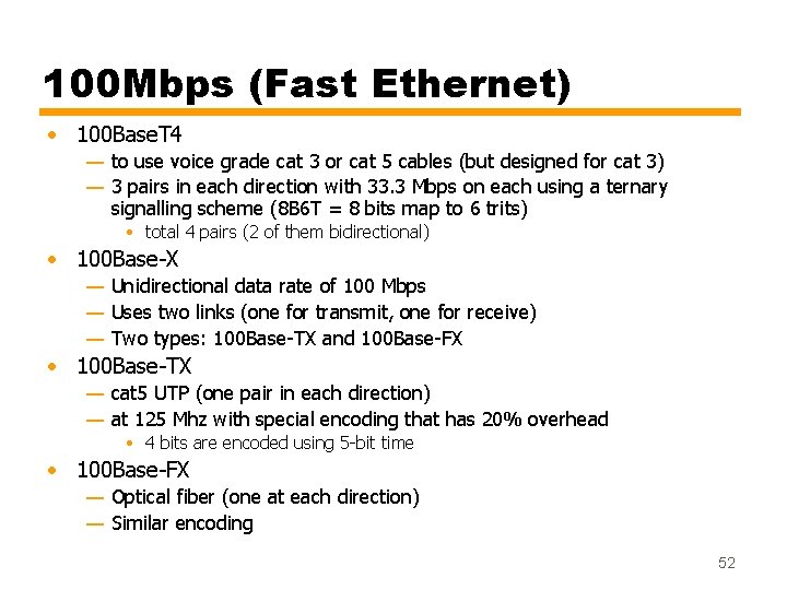 100 Mbps (Fast Ethernet) • 100 Base. T 4 — to use voice grade