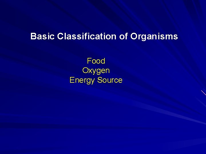 Basic Classification of Organisms Food Oxygen Energy Source 