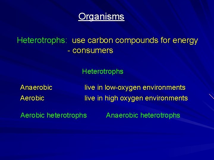 Organisms Heterotrophs: use carbon compounds for energy - consumers Heterotrophs Anaerobic Aerobic live in Organisms Heterotrophs: use carbon compounds for energy - consumers Heterotrophs Anaerobic Aerobic live in