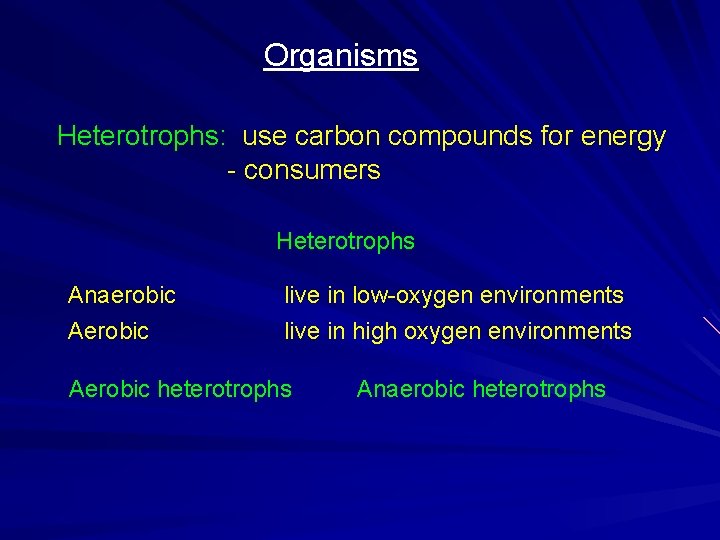 Organisms Heterotrophs: use carbon compounds for energy - consumers Heterotrophs Anaerobic Aerobic live in