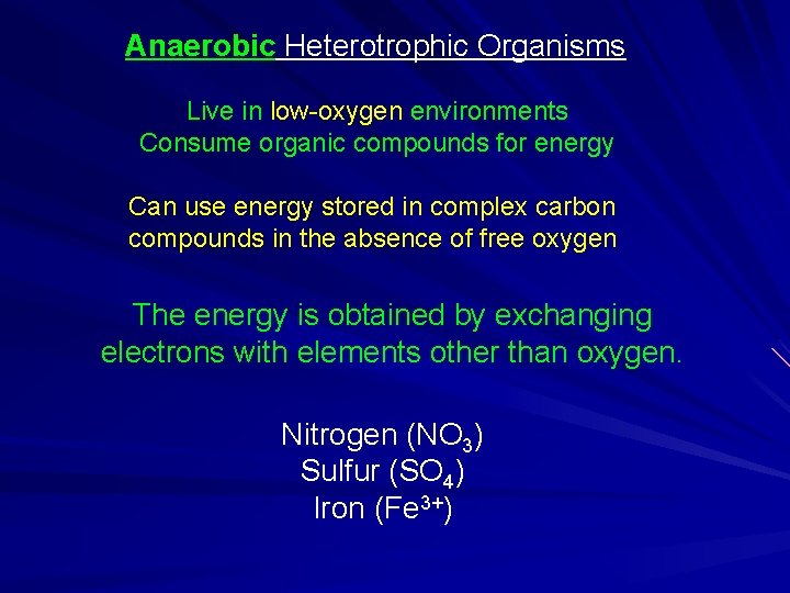 Anaerobic Heterotrophic Organisms Live in low-oxygen environments Consume organic compounds for energy Can use Anaerobic Heterotrophic Organisms Live in low-oxygen environments Consume organic compounds for energy Can use