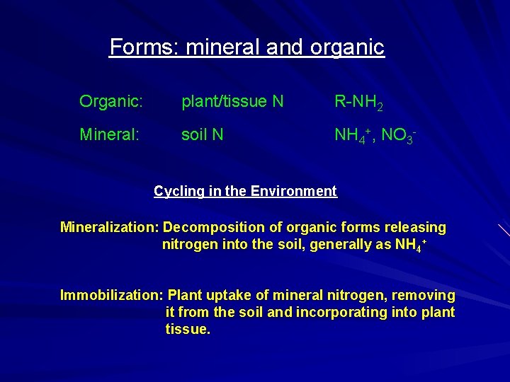 Forms: mineral and organic Organic: plant/tissue N R-NH 2 Mineral: soil N NH 4+,