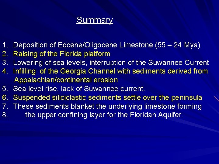 Summary 1. 2. 3. 4. 5. 6. 7. 8. Deposition of Eocene/Oligocene Limestone (55