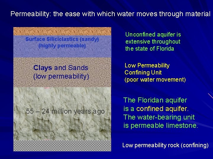 Permeability: the ease with which water moves through material Surface Siliciclastics (sandy) (highly permeable) Permeability: the ease with which water moves through material Surface Siliciclastics (sandy) (highly permeable)