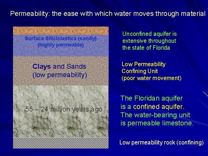 Permeability: the ease with which water moves through material Surface Siliciclastics (sandy) (highly permeable)