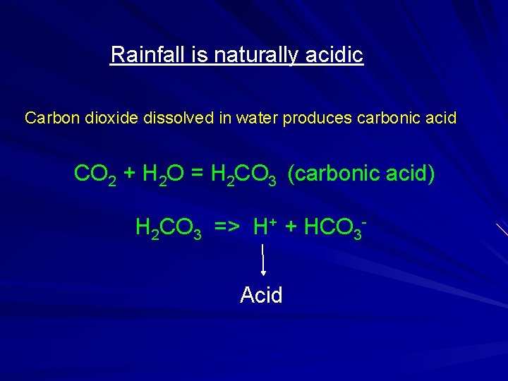 Rainfall is naturally acidic Carbon dioxide dissolved in water produces carbonic acid CO 2
