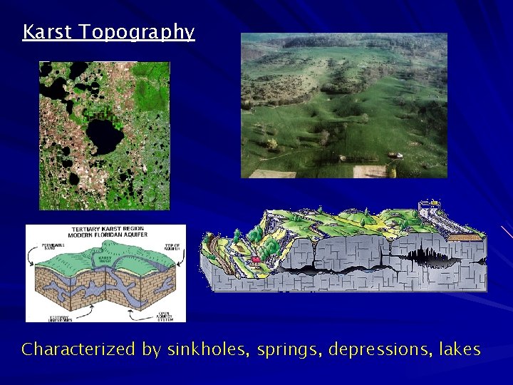 Karst Topography Characterized by sinkholes, springs, depressions, lakes 