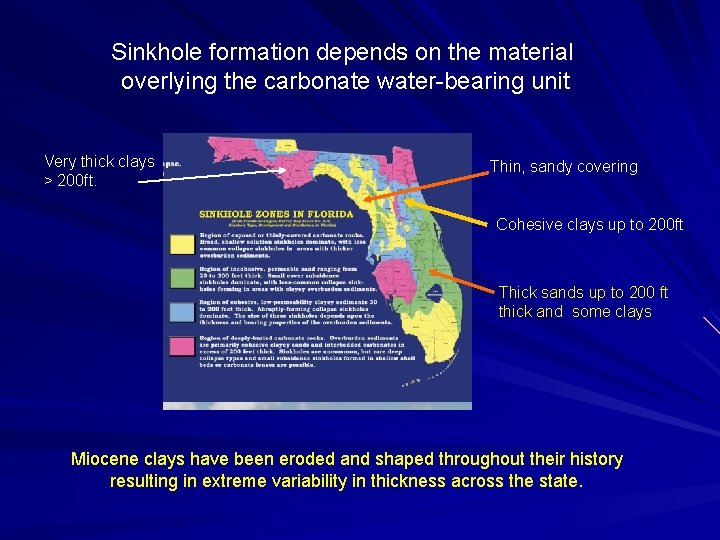 Sinkhole formation depends on the material overlying the carbonate water-bearing unit Very thick clays
