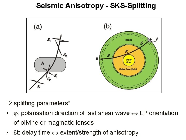 Seismic Anisotropy - SKS-Splitting “ 2 splitting parameters“ • : polarisation direction of fast