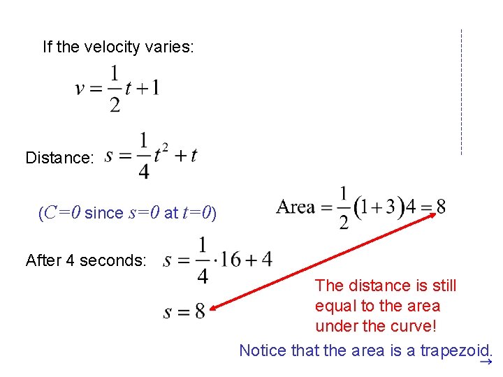 If the velocity varies: Distance: (C=0 since s=0 at t=0) After 4 seconds: The