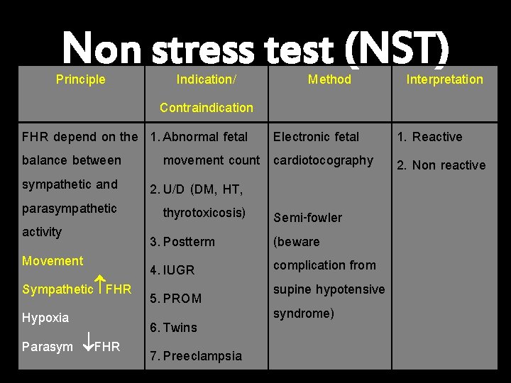 Non stress test (NST) Principle Indication/ Method Interpretation Contraindication FHR depend on the 1.