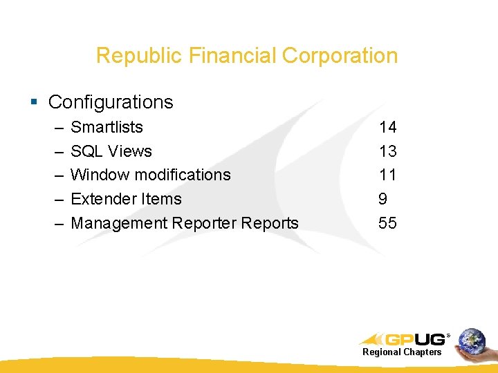 Republic Financial Corporation § Configurations – – – Smartlists SQL Views Window modifications Extender