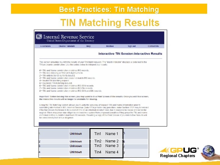 Best Practices: Tin Matching TIN Matching Results Tin 1 Name 1 Tin 2 Name