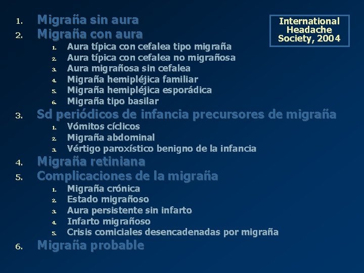 1. 2. Migraña sin aura Migraña con aura 1. 2. 3. 4. 5. 6. 1. 2. Migraña sin aura Migraña con aura 1. 2. 3. 4. 5. 6.