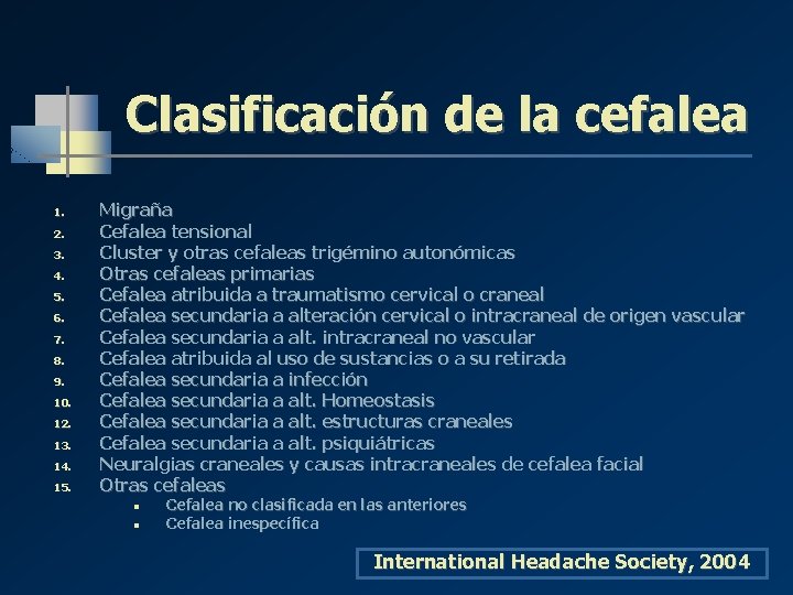 Clasificación de la cefalea 1. 2. 3. 4. 5. 6. 7. 8. 9. 10. Clasificación de la cefalea 1. 2. 3. 4. 5. 6. 7. 8. 9. 10.