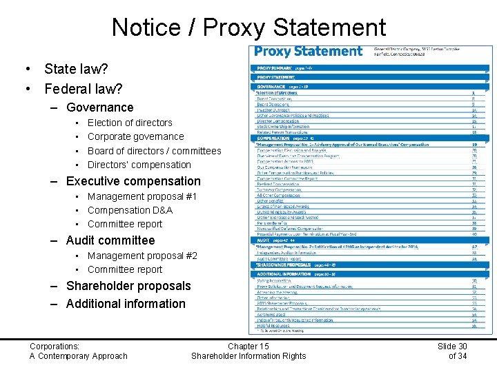 Notice / Proxy Statement • State law? • Federal law? – Governance • •