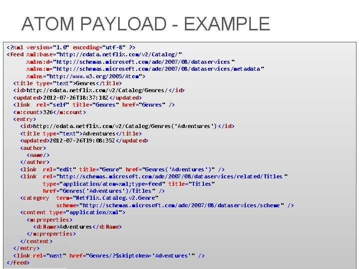 ATOM PAYLOAD - EXAMPLE <? xml version="1. 0" encoding="utf-8" ? > <feed xml: base="http: