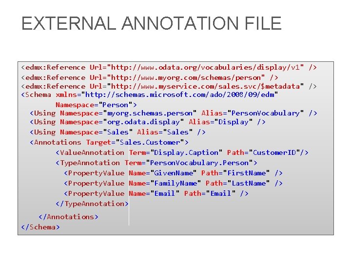 EXTERNAL ANNOTATION FILE <edmx: Reference Url="http: //www. odata. org/vocabularies/display/v 1" /> <edmx: Reference Url="http: